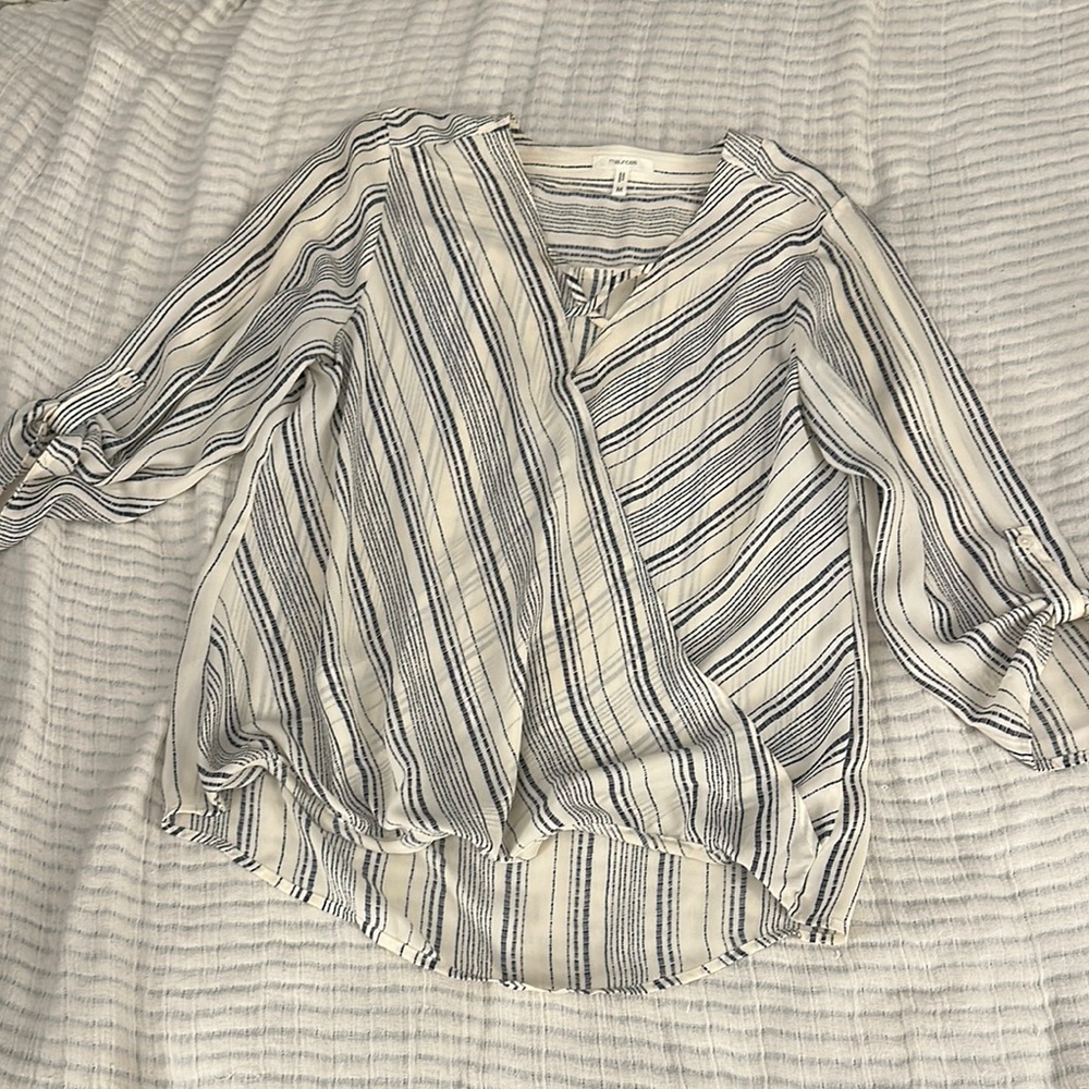 Maurices Blue and White Wrap Blouse 3/4 Sleeves
